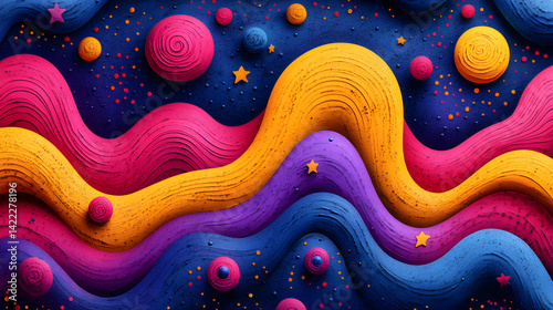 Vibrant abstract pattern featuring playful shapes in pink, purple, and yellow with bold outlines