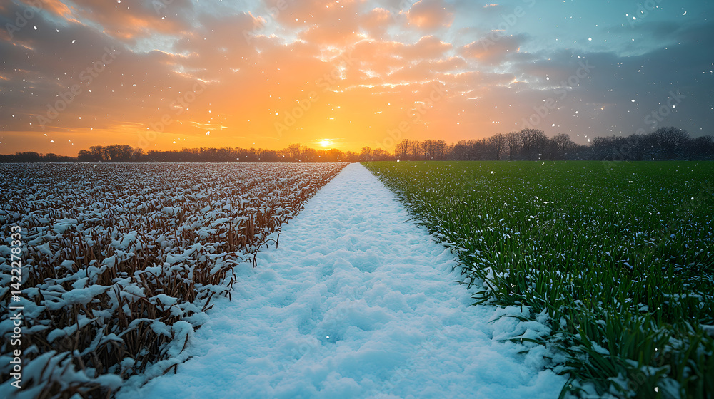 Stunning split landscape showing a snowy field on one side and lush green grass on the other
