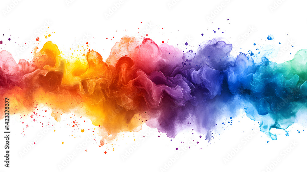 Vibrant abstract watercolor splashes in rainbow colors, blending and bursting across a white canvas