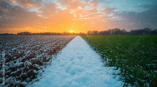 Obraz na płótnie Stunning split landscape showing a snowy field on one side and lush green grass on the other w salonie