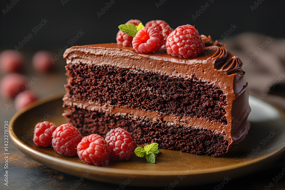 Rich dark chocolate cake slice with smooth frosting and dark moody lighting