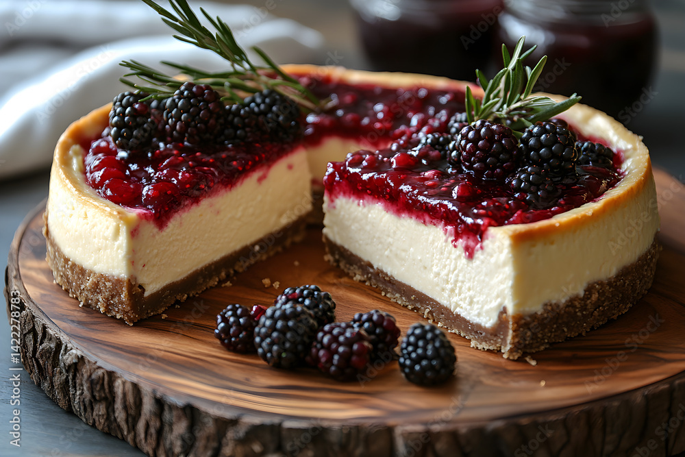 Sliced cheesecake with vanilla bean crust and berry compote on a wooden board