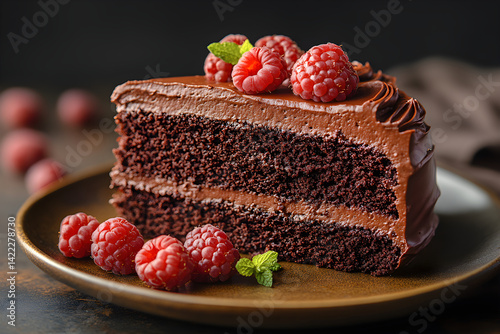Obraz na płótnie Rich dark chocolate cake slice with smooth frosting and dark moody lighting w salonie