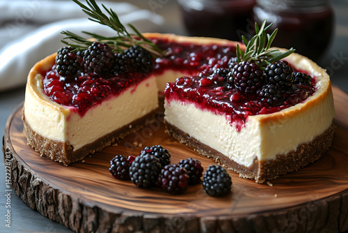 Obraz na płótnie Sliced cheesecake with vanilla bean crust and berry compote on a wooden board w salonie