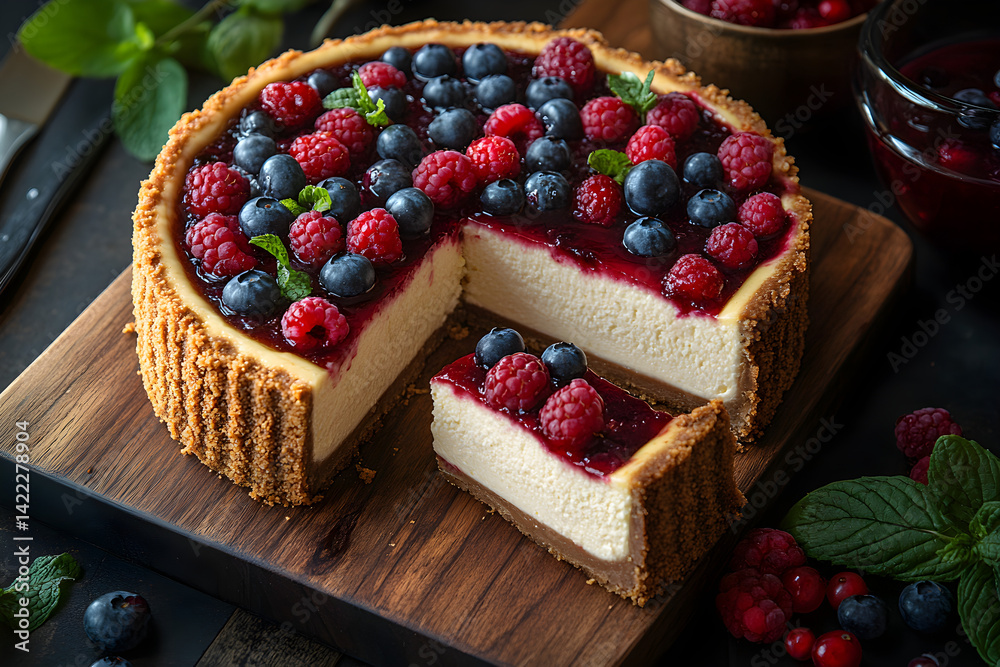 Sliced cheesecake with vanilla bean crust and berry compote on a wooden board