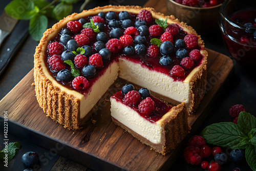 Obraz na płótnie Sliced cheesecake with vanilla bean crust and berry compote on a wooden board w salonie