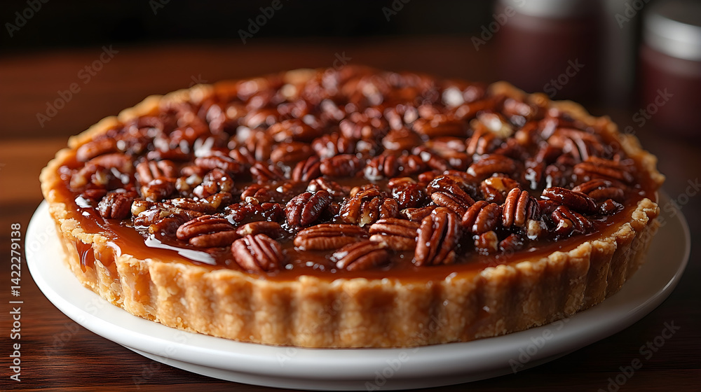 Pecan pie with glossy caramel filling and scattered pecans on dark wooden surface