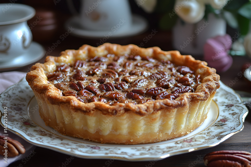 Warm pecan pie with golden crust and rich filling on vintage plate