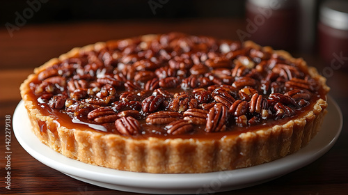 Obraz na płótnie Pecan pie with glossy caramel filling and scattered pecans on dark wooden surface w salonie