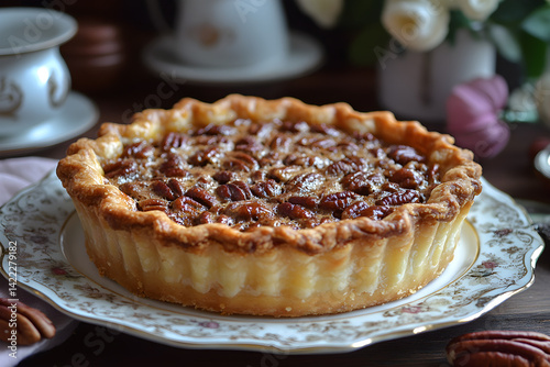 Obraz na płótnie Warm pecan pie with golden crust and rich filling on vintage plate w salonie