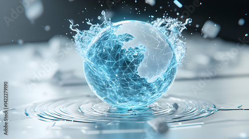 A digital Earth globe with network lines emerging from water. It represents global connection and data flow perfect for tech firms or data centers.