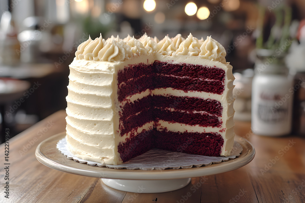 Sliced red velvet cake with rich frosting and detailed texture on wooden counter