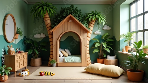 Jungle-themed playroom with treehouse bed and green tones.