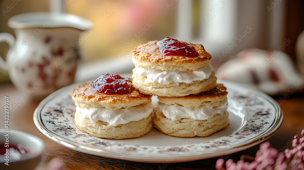 Scones with jam and clotted cream served on vintage china