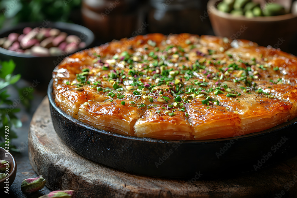 Rich baklava with golden crisp layers and green pistachios on rustic table
