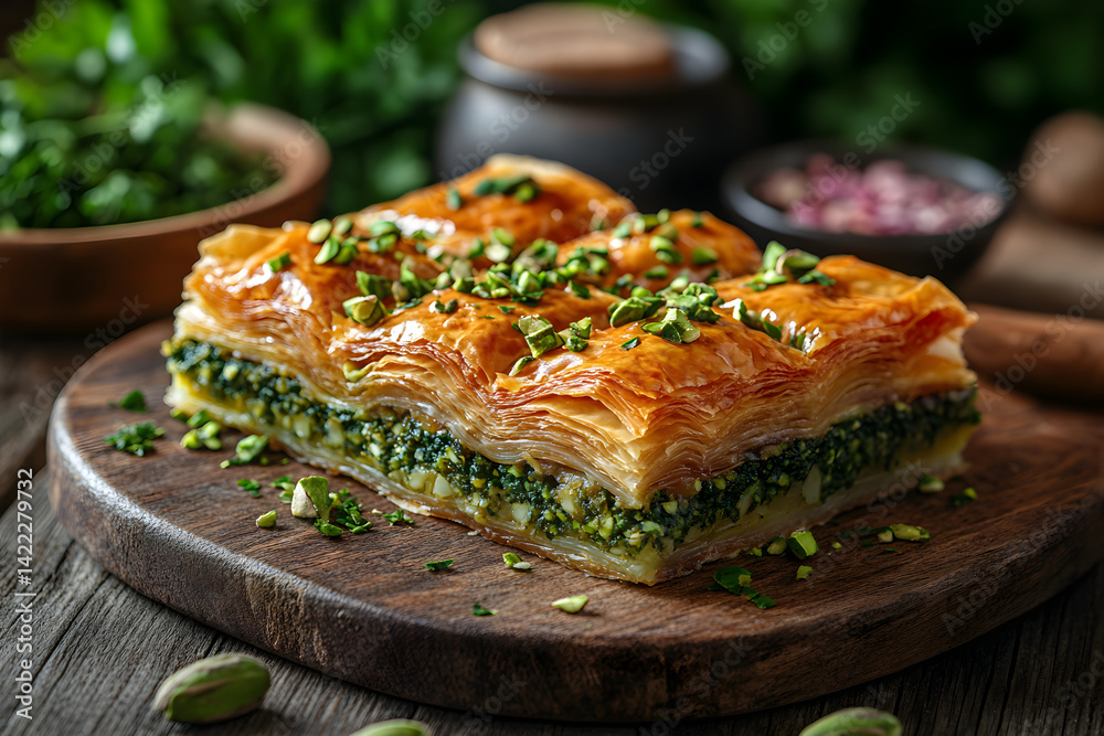 Rich baklava with golden crisp layers and green pistachios on rustic table