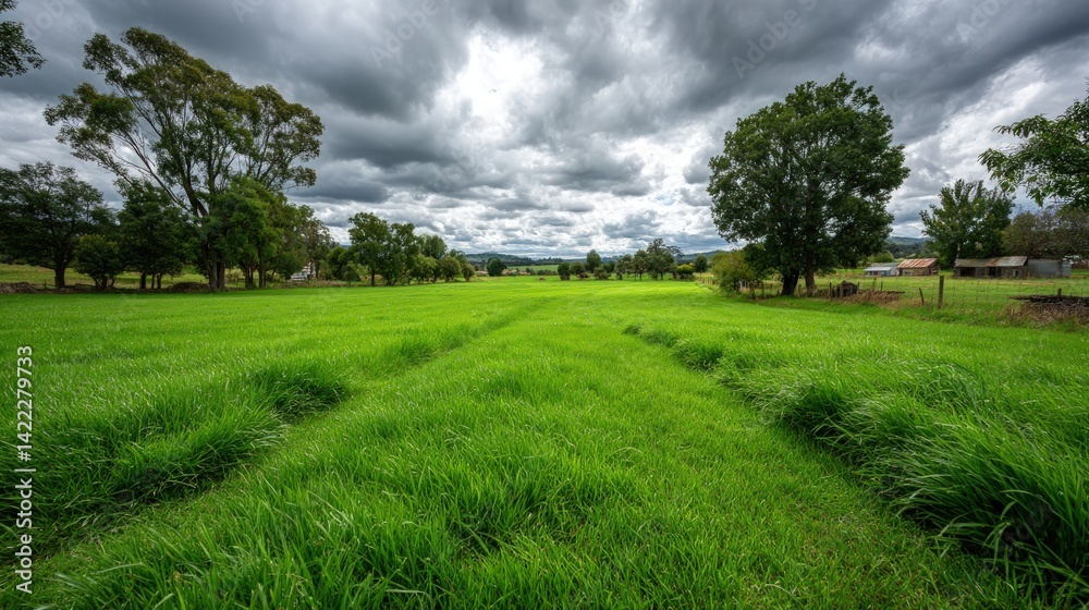 Obraz premium Peaceful farm field under a cloudy dramatic sky