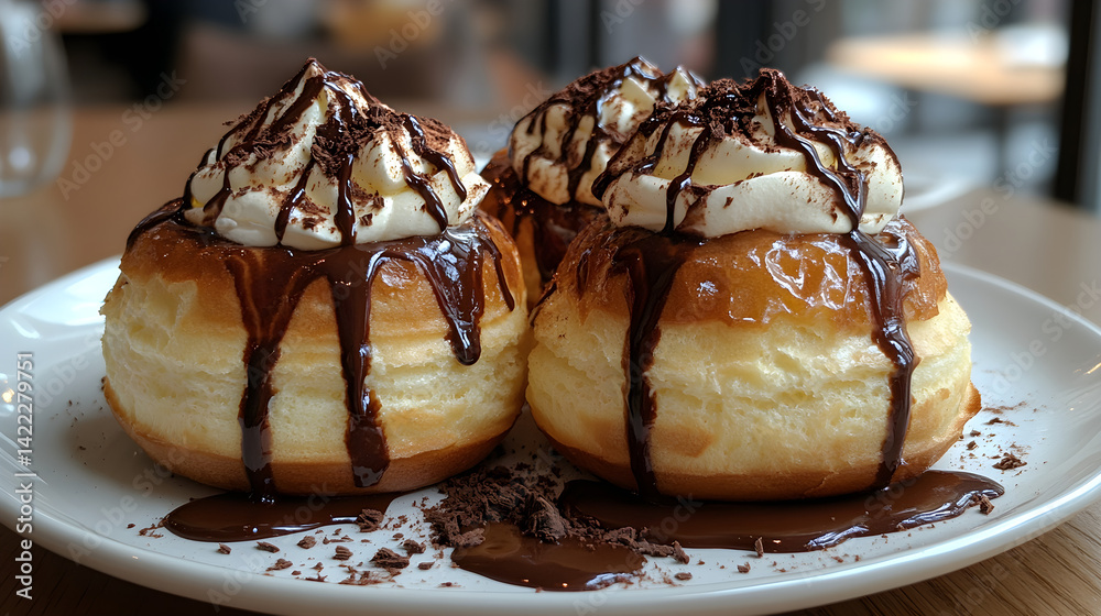 Profiteroles filled with whipped cream and drizzled with chocolate sauce