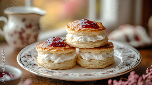 Obraz na płótnie Scones with jam and clotted cream served on vintage china w salonie