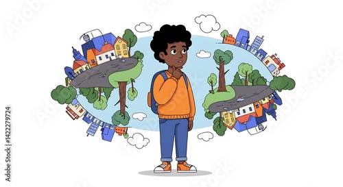 Boy Contemplating Dual Urban Perspectives: A Choice Between Two Worlds Illustration