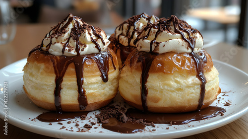 Obraz na płótnie Profiteroles filled with whipped cream and drizzled with chocolate sauce w salonie