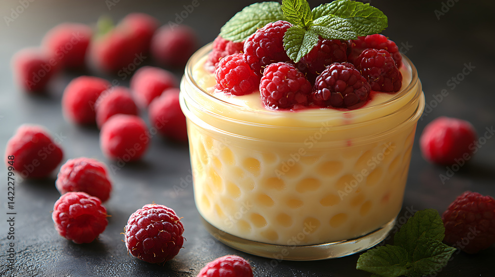 Pudding parfaits with layers of vanilla pudding and fresh berries in glass jar