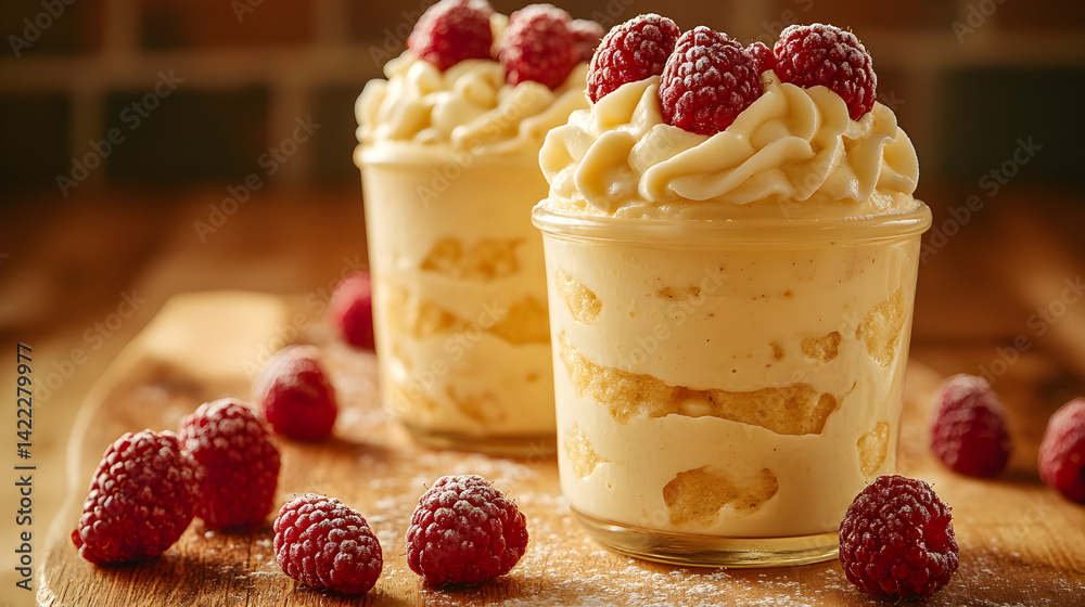 Pudding parfaits with layers of vanilla pudding and fresh berries in glass jar