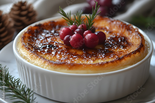 Obraz na płótnie Silky crème brûlée with golden-brown crust and soft, creamy texture on elegant table w salonie