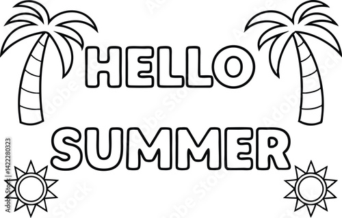 Hello Summer Text with Palms and Suns Outlines on Transparent Background