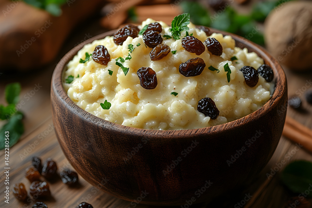 Warm rice pudding topped with raisins and a hint of cinnamon on rustic surface
