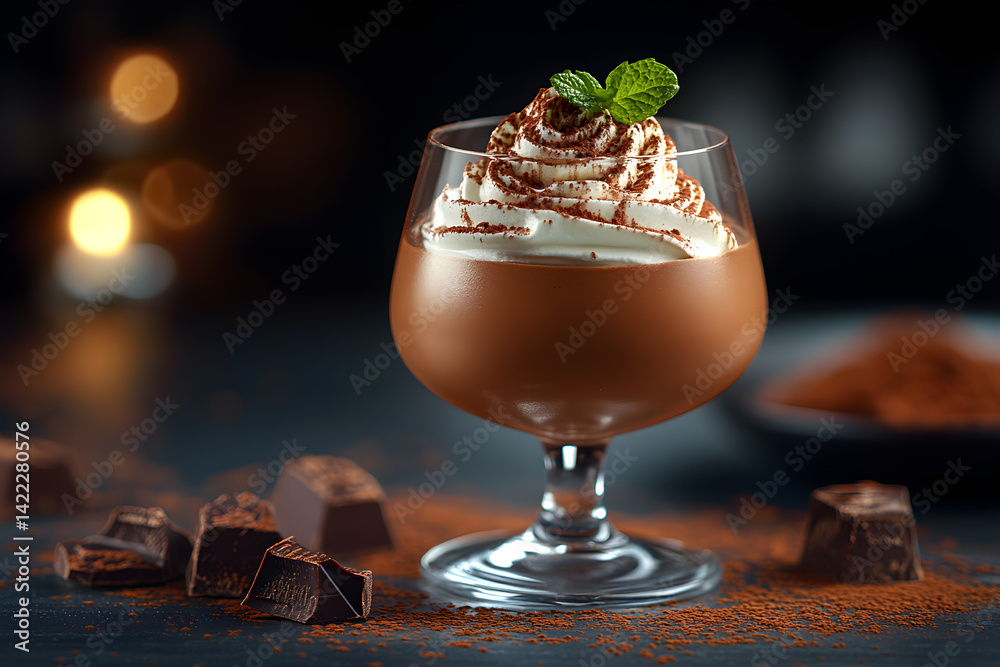 Rich chocolate mousse in elegant glass with whipped cream and cocoa dusting