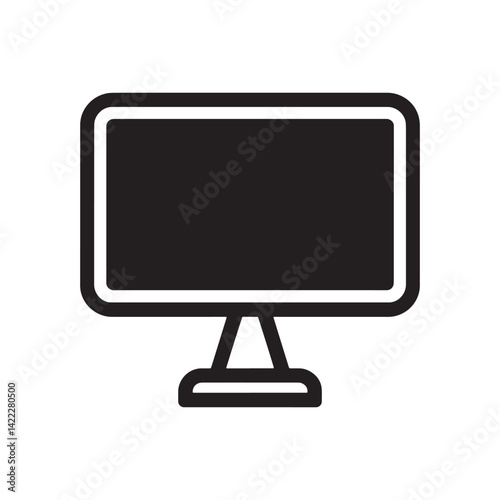 Black and White Computer Monitor Icon Featuring a Minimalist Design Representing Technology, Digital Workspace, Editable Vector Illustration Isolated on a White Background