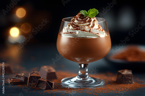 Obraz na płótnie Rich chocolate mousse in elegant glass with whipped cream and cocoa dusting w salonie