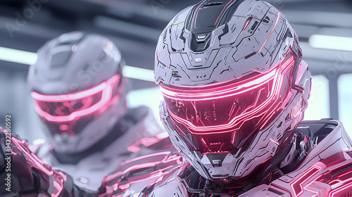 Futuristic soldier helmets with glowing red visors. Perfect for sci-fi game concepts posters or digital art. Add an imposing cyberpunk feel to your projects.