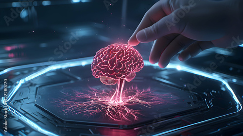 A glowing digital brain concept with a hand interacting suggesting innovation AI and future technology. Could be used for futuristic science designs.