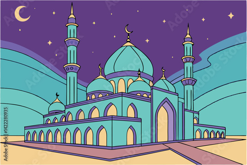 Beautiful Mosque Illustration with Crescent Moon and Stars