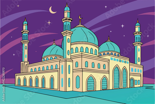 Beautiful Mosque Illustration with Crescent Moon and Stars