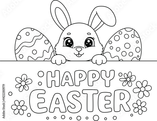 happy easter coloring card, bunny, eggs and flowers, . ready to print on standard