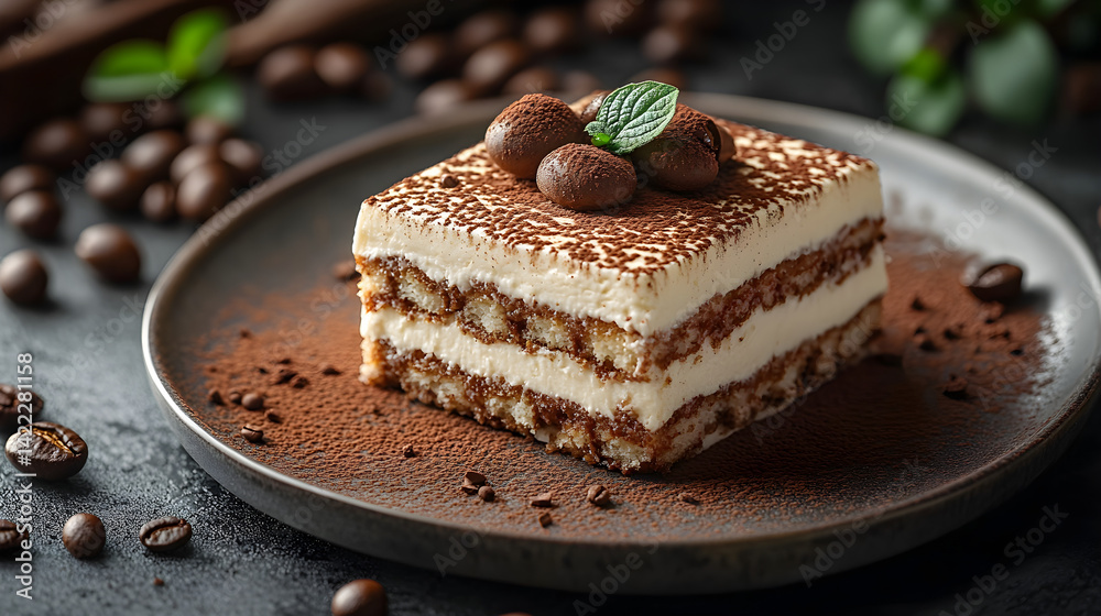 Tiramisu with coffee-soaked layers and dusted cocoa on a white plate