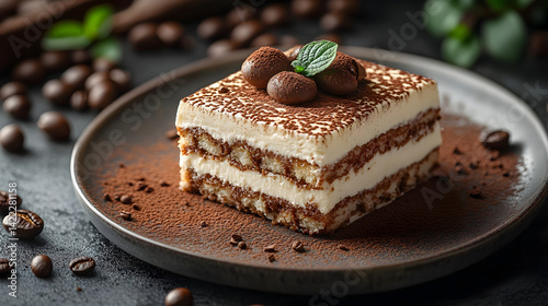 Tiramisu with coffee-soaked layers and dusted cocoa on a white plate