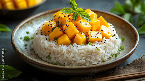 Mango sticky rice with fresh mango slices and coconut sticky rice served on a traditional plate