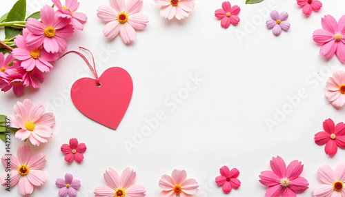 Floral Frame with Heart Tag on White Background  