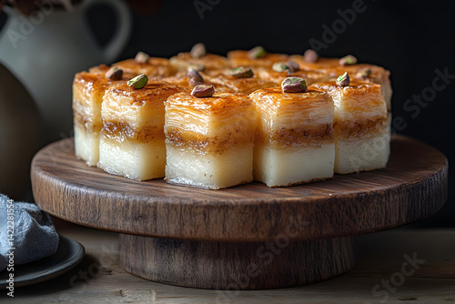 Rich baklava with golden crispy layers and pistachio filling on rustic plate