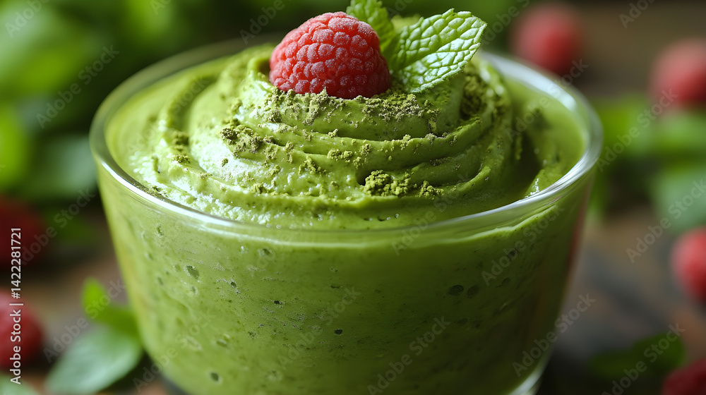 Matcha mousse with green tea flavor and creamy texture in a glass bowl