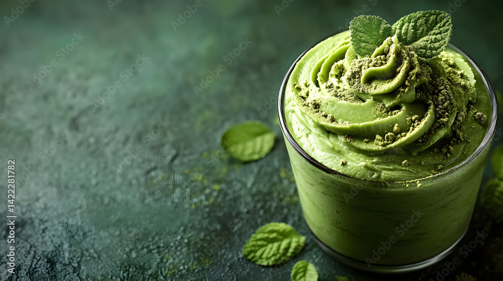 Matcha mousse with green tea flavor and creamy texture in a glass bowl