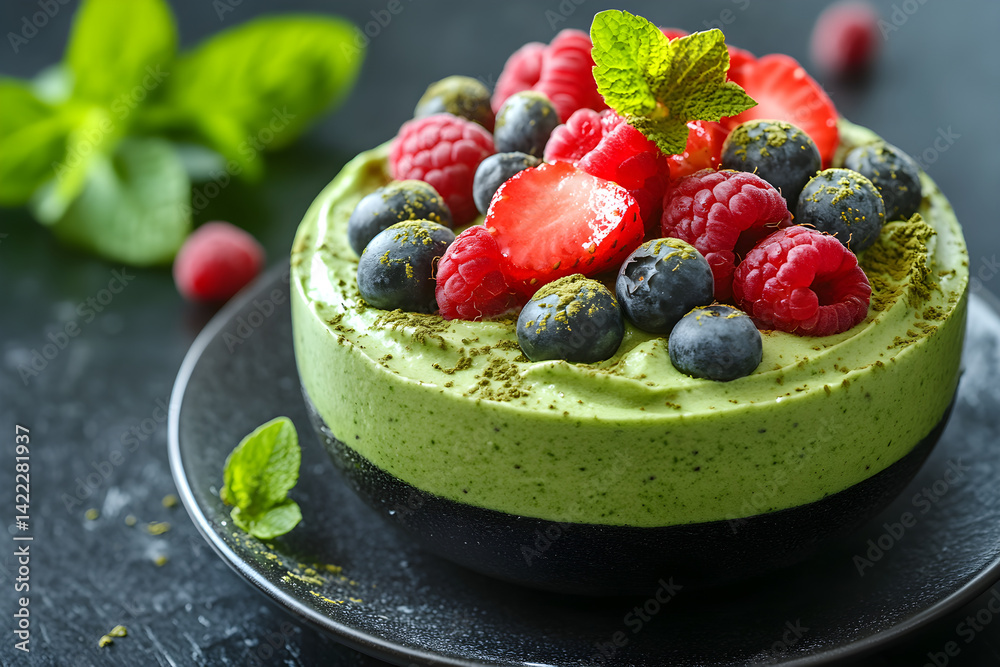 Silky matcha mousse topped with fresh fruit and green tea powder on rustic surface