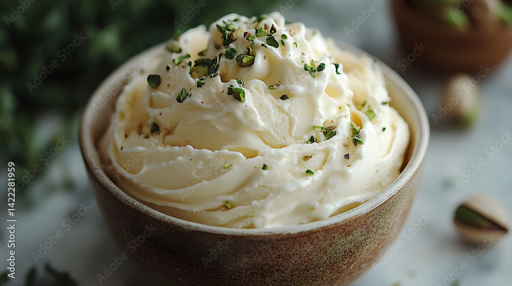 Pistachio ice cream with crushed pistachios and smooth creamy texture in a bowl