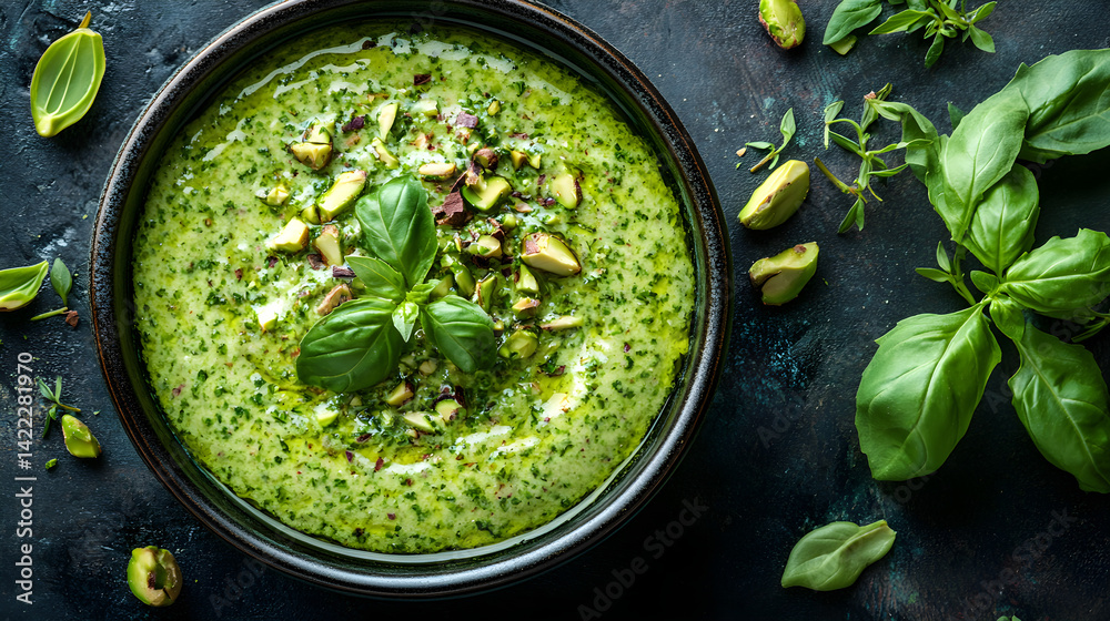 Pistachio ice cream with crushed pistachios and smooth creamy texture in a bowl