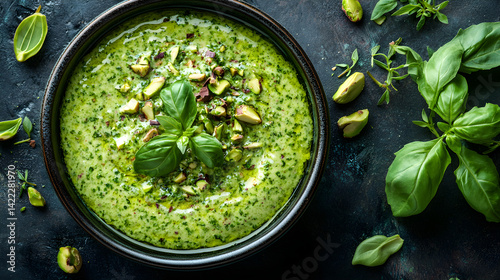 Pistachio ice cream with crushed pistachios and smooth creamy texture in a bowl