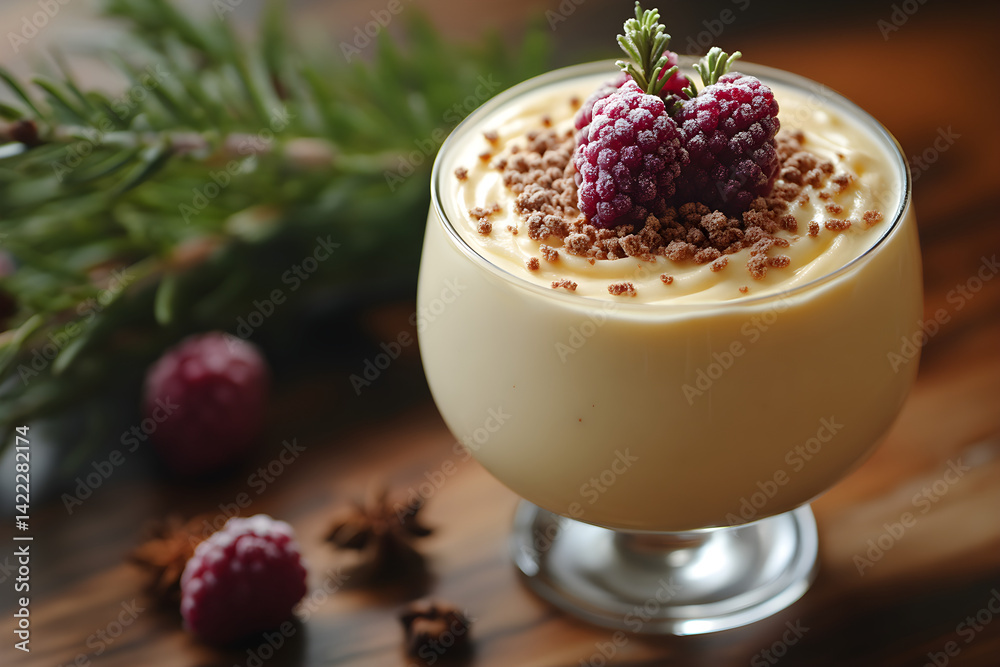 Rich zabaglione with soft texture and aromatic flavors in traditional glass cup